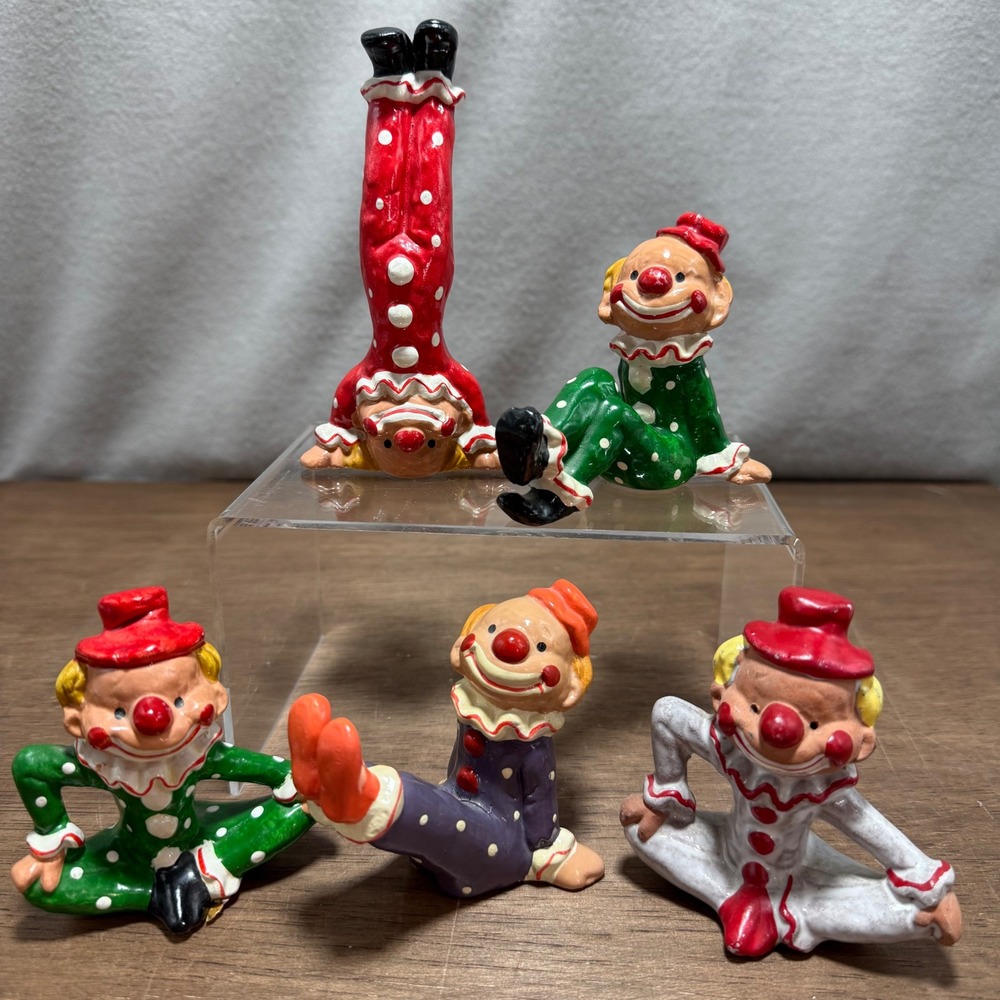Vintage Enesco Porcelain Tumbling Circus Clowns Figurines Set of 5 Polka Dot 80s